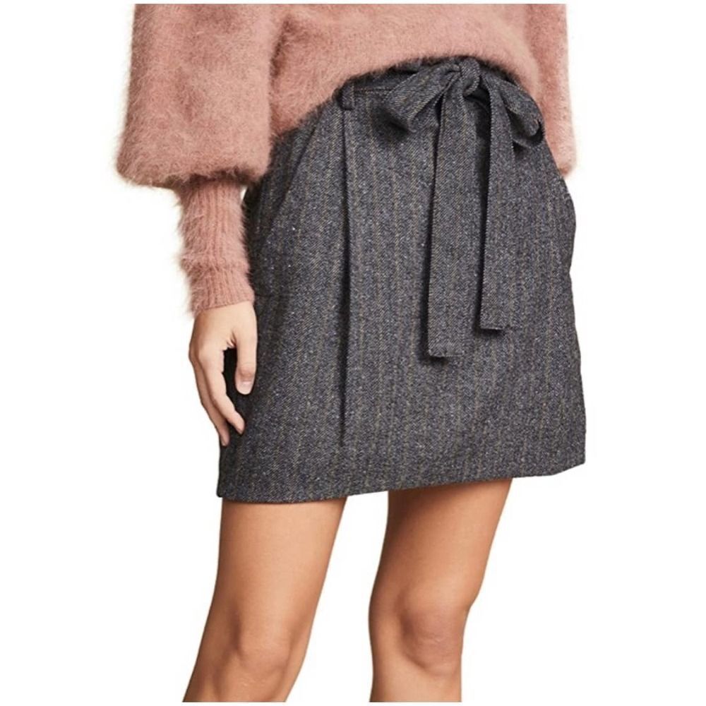Ulla Johnson Leo Wool Blend Herringbone Belted Paperbag Waist Mini Skirt Size 0